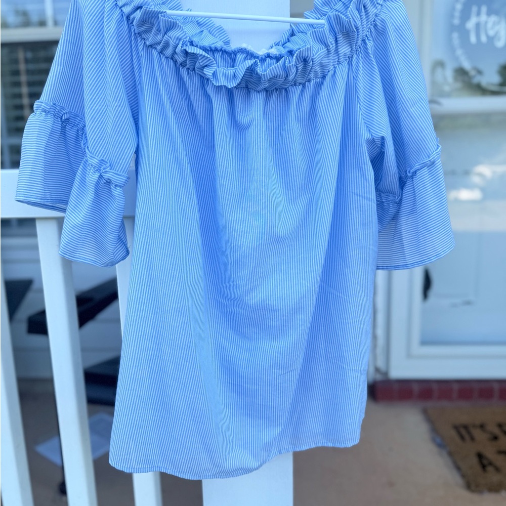 Love In Blue Striped Ruffle Off-Shoulder Top | Size Small